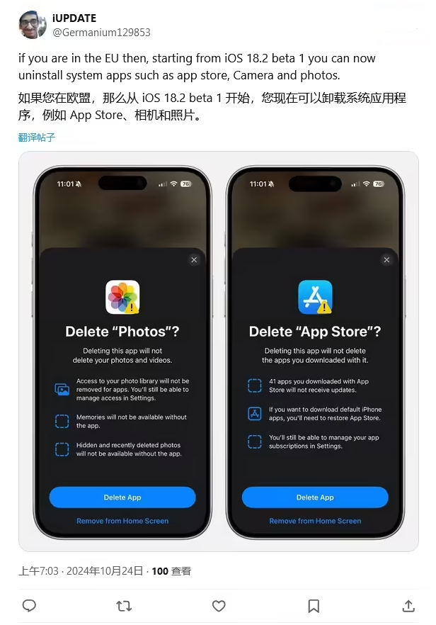 亚东苹果手机维修分享iOS 18.2 支持删除 App Store 应用商店 