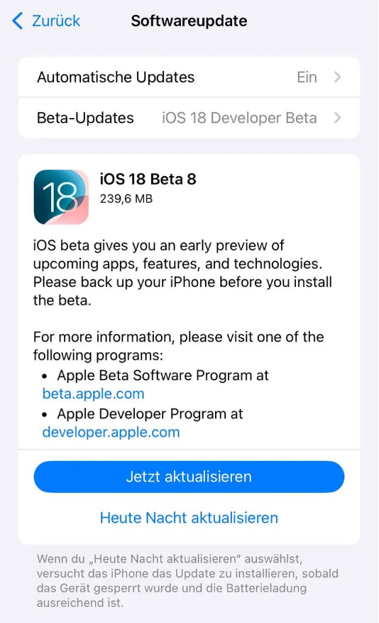 亚东苹果手机维修分享苹果 iOS / iPadOS 18 开发者预览版 Beta 8 发布 